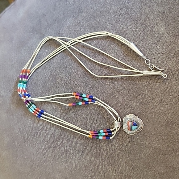 QT Sterling Oxidized Silver Navajo Heart Pendant Liquid Silver Torsade Necklace - Picture 2 of 8